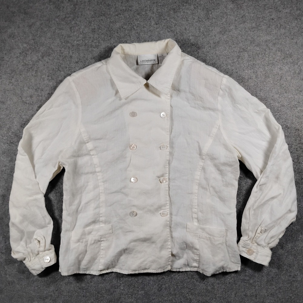 Liz Claiborne Collection Cream 100% Linen Double Breasted Shirt Jacket Size 14